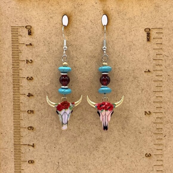 Longhorn Cattle Cow Charms Turquoise Garnet Glass Beads Handmade Earrings LR136 - Picture 2 of 4